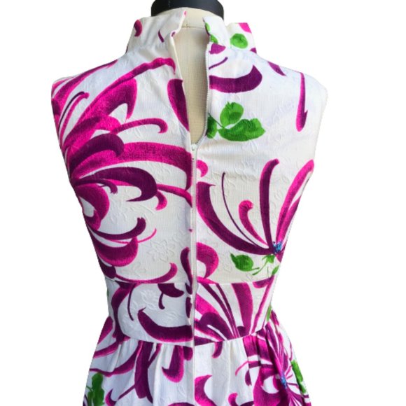 Vintage 60s Evelyn Margolis Hawaiian Floral Barkcloth Formal Maxi Dress XXS/XS - Picture 6 of 17